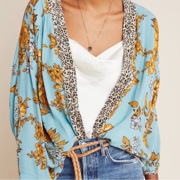 Anthropologie Andersen & Lauth Kimono Open Front Duck Egg Blue Floral Animal OS - Picture 1 of 9
